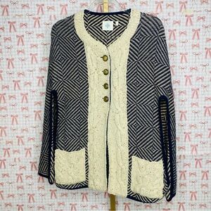 Anthropologie HWR Wool Blend Cable Knit Cape Cardigan Navy Ivory Jacket S/M
